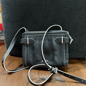 VINTAGE RALPH LAUREN Black Leather Crossbody Bag with White Piping